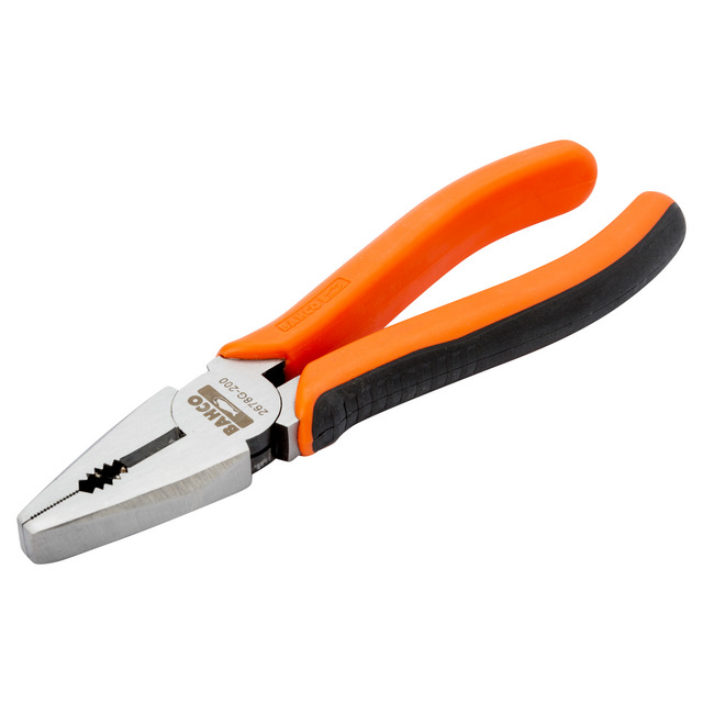 Kombinationstång med orange och svarta ergonomiska handtag, silverfärgade käftar.